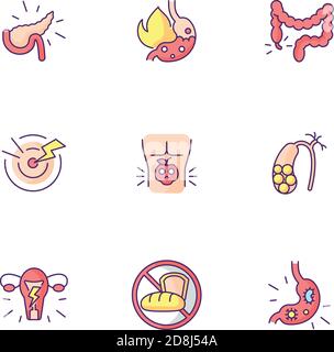 Jeu d'icônes de couleur RVB douleur dans le ventre Illustration de Vecteur