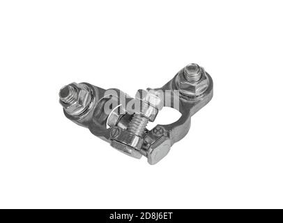 Deux aspects positifs et négatifs metal terminal connecteur de batterie du véhicule isolé sur fond blanc Banque D'Images