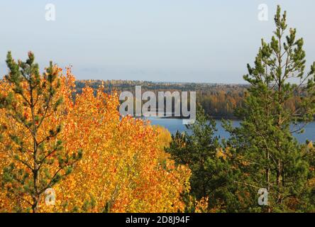 Arbres d'automne verts et jaunes au premier plan, ciel clair et lac bleu en arrière-plan. Banque D'Images