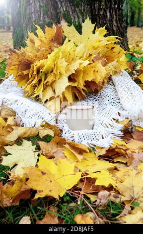 Mug en céramique sur une écharpe chaude sur le fond de feuilles d'automne Banque D'Images