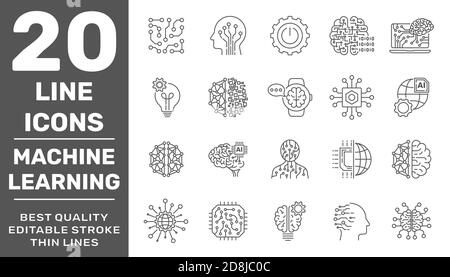 Ensemble moderne d'icônes en ligne fine de technologie de science des données, processus d'apprentissage machine. Collection de symboles Outline de qualité supérieure. Contour modifiable. SPE 10 Illustration de Vecteur