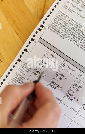 Vue rapprochée de l'électeur remplissant un bulletin de vote absent de l'État de New York pour les élections présidentielles de 2020, vendredi 30 octobre 2020, New York City, NY U