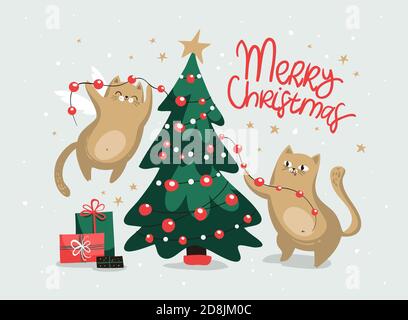 Carte de vœux Joyeux de Noël avec chats, cadeaux, étoiles et arbre de noël. Illustration vectorielle EPS 10 Illustration de Vecteur