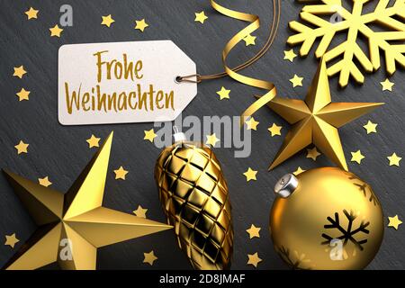 Noël - étiquette cadeau avec le message de Joyeux Noël allemand 'Frohe Weihnachten' sur fond de pierre noire de couleur dorée décorations de noël aro Banque D'Images