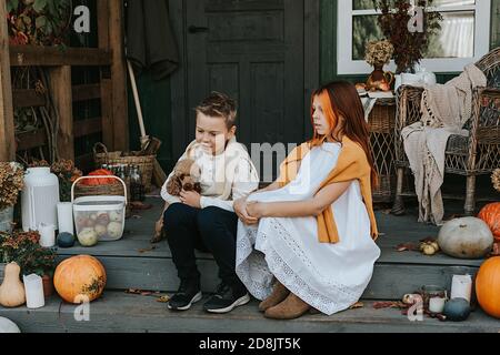 enfants un garçon et une fille avec leur chien de caniche s'amuser sur le porche de l'arrière-cour décoré avec citrouilles en automne Banque D'Images