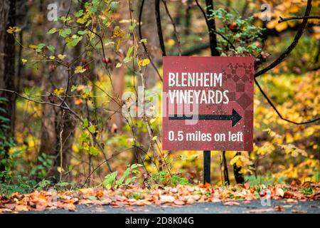 Charlottesville, États-Unis - 25 octobre 2020 : panneau Blenheim Winery Vineyard en Virginie à l'automne saison d'automne avec flèche direction sur la rue de route Banque D'Images