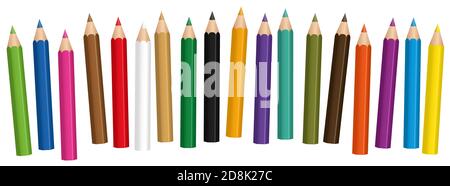 Crayons courts, couleurs mélangées, ensemble de crayons pour bébés, peu disposés – illustration sur fond blanc. Banque D'Images