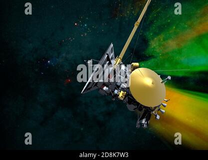 Illustration du vaisseau spatial Cassini. Le vaisseau spatial Cassini a été lancé à partir de la Terre en 1997. Il est arrivé à Saturne en 2004, passant les 13 prochaines années à arpenter le système Saturne (planète, lunes et anneaux). Il a retourné beaucoup d'images et d'observations, faisant beaucoup de nouvelles découvertes. Sa mission a pris fin Banque D'Images