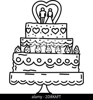 Icône gâteau de mariage. Style d'icône Doddle dessiné à la main ou Black Outline. Illustration de Vecteur