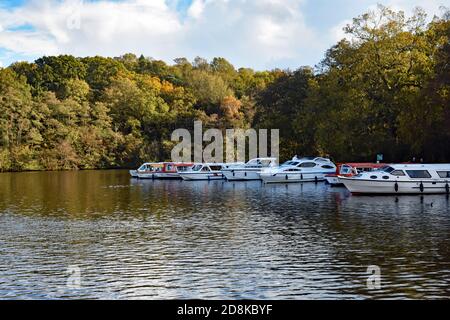 De petits bateaux privés sont amarrés au bord de la Salhouse large bordée d'arbres dans le parc national Broads, Norfolk, Royaume-Uni. Le soleil brille sur les arbres. Banque D'Images