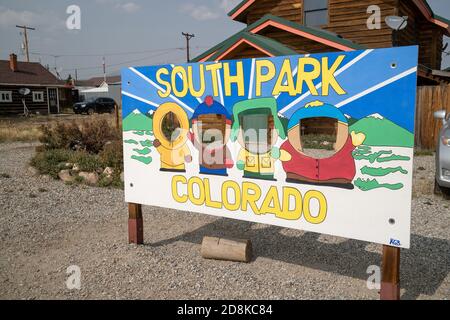 Fairplay, Colorado - 16 septembre 2020: South Park Colorado avec Cartman, Kyle, Kenny et Stan visages pour les touristes pour prendre des photos Banque D'Images