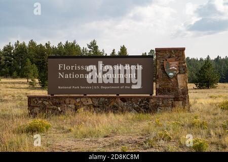 Florissant, Colorado - 16 septembre 2020 : panneau pour le monument national Florissant Fossil Beds Banque D'Images