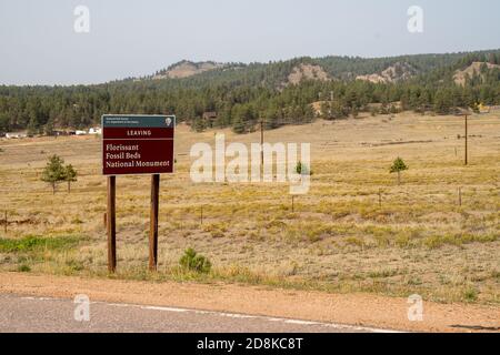 Florissant, Colorado - 16 septembre 2020 : panneau pour le monument national de départ de Florissant Fossil Beds Banque D'Images