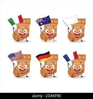 Chaussettes cookie personnage de dessin animé apporter les drapeaux de divers pays Illustration de Vecteur