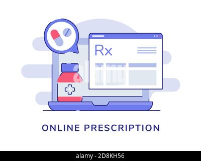 Le concept de prescription en ligne de médicament comprimé papier bouteille sur ordinateur portable arrière-plan blanc isolé avec style plat Illustration de Vecteur