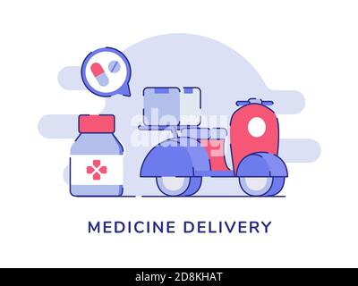 Concept de livraison de médicaments pharmacie livraison de boîte de médicaments sur scooter blanc arrière-plan isolé avec style de contour de couleur plate Illustration de Vecteur