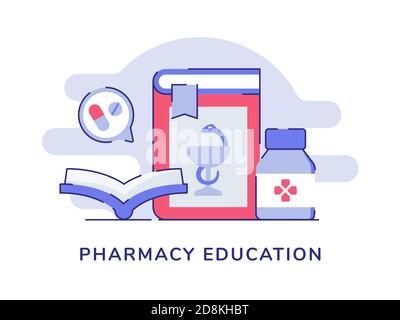 Pharmacie éducation ouvrir le livre pharmacie de médicaments blanc isolé fond avec style de contour de couleur plate Illustration de Vecteur