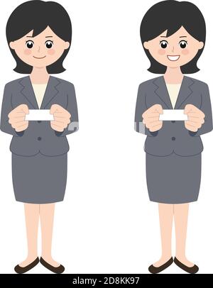 Femme d'affaires portant une jupe avec des cheveux noirs donnant une carte de visite. Illustration vectorielle isolée sur fond blanc. Illustration de Vecteur