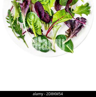 Salade de feuilles sur une assiette isolée sur fond blanc. Salade fraîche. Assortiment avec roquette, laitue, verger, épinards Banque D'Images