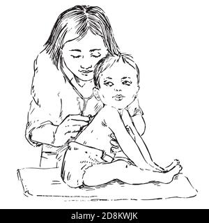 Bébé et pédiatre, à l'écoute avec stéthoscope, Doodle dessiné à la main, croquis, noir et blanc illustration Banque D'Images