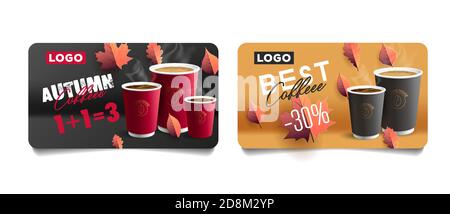 Lot de cartes de réduction avec illustrations des feuilles d'automne et gobelets en papier à café, offre de remise ou 1 plus 1 équivaut à 3, modèle de bon d'achat Illustration de Vecteur
