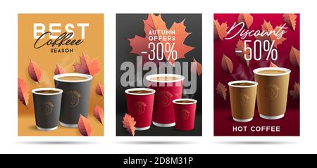Jeu d'affiches pour le café à emporter avec remises promotionnelles, illustration des feuilles de couleur automnale et tasses en papier, isolées Illustration de Vecteur