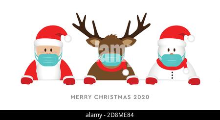 corona virus christmas 2020 design avec joli cerf santa claus Et dessin vectoriel de bonhomme de neige EPS10 Illustration de Vecteur