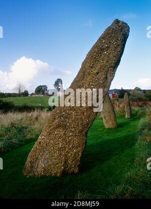 Harold's Stones, rangée de pierres préhistoriques, Trellech, Monbucshire, pays de Galles, Royaume-Uni, regardant ne vers l'église Saint-Nicolas. Trois piliers de « pierre pudding » locale. Banque D'Images