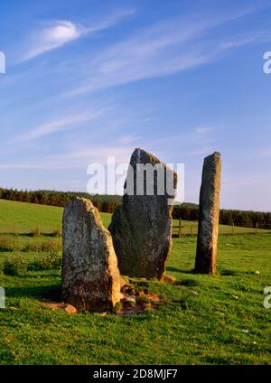 Ballochromy Stones debout Kintyre, Écosse, Royaume-Uni, look SW. Un décor d'âge de bronze (1800BC) de trois pierres de hauteur dans une ligne ne-SW. Banque D'Images