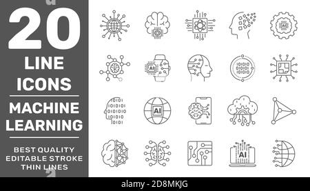 Un ensemble simple d'icônes de ligne liées à l'intelligence artificielle et à l'apprentissage machine contient des icônes telles que droïde, puce, cerveau, IA, IoT. Contour modifiable Illustration de Vecteur