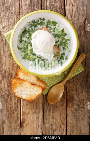 Changua est une soupe colombienne de petit-déjeuner qui est à la fois délicieux et réconfortant gros plan dans l'assiette sur la table. Vue verticale du dessus Banque D'Images