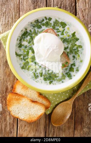 La soupe colombienne de lait et d'œufs de Changua est un petit déjeuner typique à Bogota, dans l'assiette sur la table. Vue verticale du dessus Banque D'Images