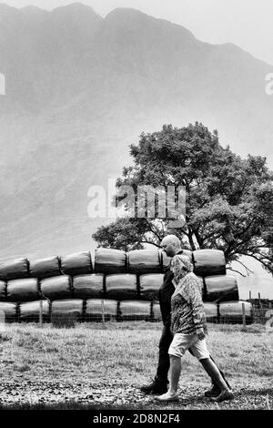 Promenade dans la pluie d'été sous Haystacks, Lake District National Park, Cumbria, Royaume-Uni Banque D'Images