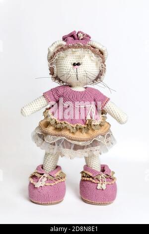 Jouet en tricot fait main chat. Chat tricoté sur fond blanc. Portrait d'un jouet. Vêtements tricotés pour jouets. Gros plan. Jouet chat Amigurumi. Animal en crochet Banque D'Images