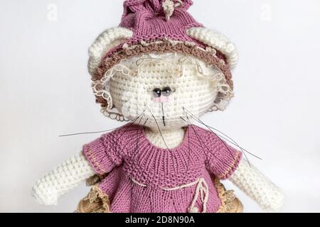 Jouet en tricot fait main chat. Chat tricoté sur fond blanc. Portrait d'un jouet. Vêtements tricotés pour jouets. Gros plan. Jouet chat Amigurumi. Animal en crochet Banque D'Images