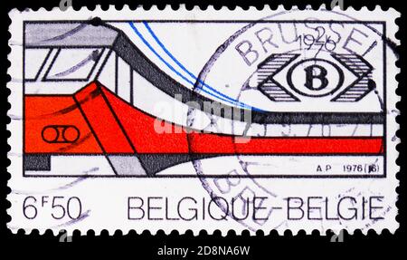 MOSCOU, RUSSIE - 8 OCTOBRE 2020: Timbre-poste imprimé en Belgique montre National Belge Railroad Society, vers 1976 Banque D'Images