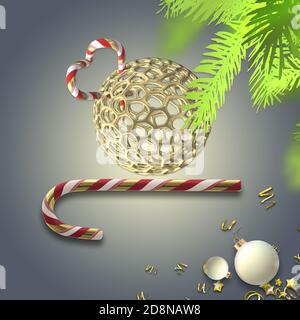 Symboles de Noël réalistes en 3D. Sapin de Noël, canne de Noël en forme de coeur, boules sur fond bleu. Rendu 3D Banque D'Images