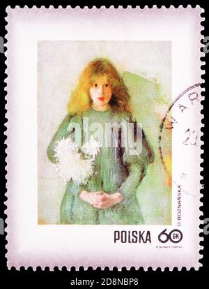 MOSCOU, RUSSIE - 8 OCTOBRE 2020 : timbre-poste imprimé en Pologne montre Girl with Chrysanthemums, par Olga Boznanska (1865-1940), Stamp Day 1971 - Woma Banque D'Images