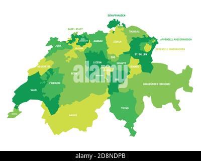 Carte politique verte de la Suisse. Divisions administratives - cantons. Carte vectorielle plate simple avec étiquettes. Illustration de Vecteur