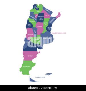 Carte politique colorée de l'Argentine. Divisions administratives - provinces. Carte vectorielle plate simple avec étiquettes. Illustration de Vecteur