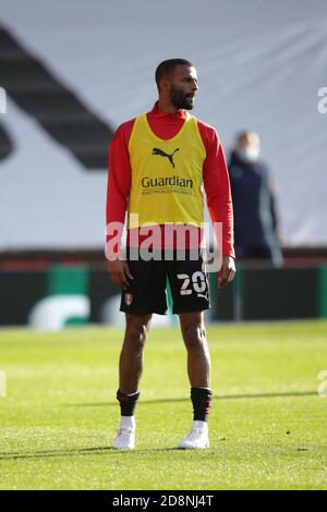 Stoke on Trent, Royaume-Uni. 31 octobre 2020. Le défenseur Rotherham United Michael Ihiekwe (20) s'échauffe pendant le match de championnat de pari EFL Sky entre Stoke City et Rotherham United au stade Bet365, Stoke-on-Trent, en Angleterre, le 31 octobre 2020. Photo de Jurek Biegus. Utilisation éditoriale uniquement, licence requise pour une utilisation commerciale. Aucune utilisation dans les Paris, les jeux ou les publications d'un seul club/ligue/joueur. Crédit : UK Sports pics Ltd/Alay Live News Banque D'Images