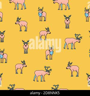 Deers et caribou répétition sans couture dans les couleurs jaune, rose, bleu noir, blanc Illustration de Vecteur