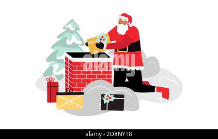 Le Père Noël porte des cadeaux à travers la cheminée. Illustration de l'hiver Illustration de Vecteur