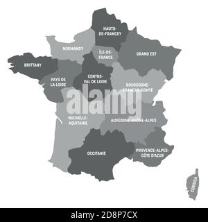 Carte politique grise de France. Divisions administratives - régions métropolitaines. Carte vectorielle plate simple avec étiquettes. Illustration de Vecteur