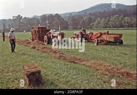 Récolte de foin et mise en balles sur la ferme de Joseph Kimsey vu au premier plan gauche avec un casque de pième blanc. Le terrain est situé à Robertstown, Géorgie, qui est à un mile au nord-est de Helen sur les autoroutes 17/75. Cette région de basse montagne, située à environ 90 kilomètres au nord-est d'Atlanta, attire les campeurs et les pêcheurs. Le quartier des affaires de Helen, qui a été rénové sur le thème des Alpes bavaroises, est également très intéressant. Le succès du projet a conduit à un nouveau développement touchant les deux villes. Banque D'Images