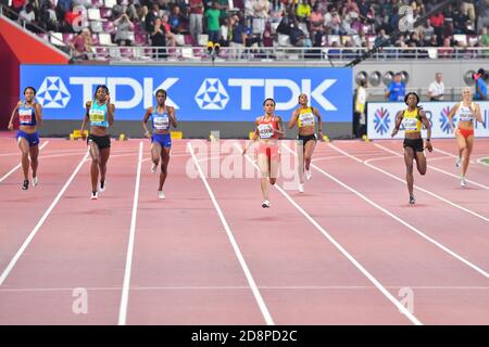 Salwa Eid Naser (or), Shaunae Miller-Uibo (argent), Shericka Jackson (bronze). 400 mètres femmes. Championnats du monde d'athlétisme de l'IAAF, Doha 2019 Banque D'Images