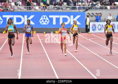 Salwa Eid Naser (or), Shaunae Miller-Uibo (argent), Shericka Jackson (bronze). 400 mètres femmes. Championnats du monde d'athlétisme de l'IAAF, Doha 2019 Banque D'Images