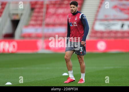 MIDDLESBROUGH, ANGLETERRE. 31 OCTOBRE Tobias Figueiredo de la forêt de Nottingham lors du match de championnat Sky Bet entre Middlesbrough et la forêt de Nottingham au stade Riverside, Middlesbrough le samedi 31 octobre 2020. (Credit: Mark Fletcher | MI News) Credit: MI News & Sport /Alay Live News Banque D'Images