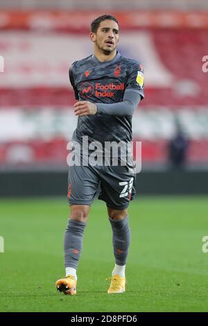 MIDDLESBROUGH, ANGLETERRE. 31 OCTOBRE Anthony Knockaert de la forêt de Nottingham lors du match de championnat Sky Bet entre Middlesbrough et la forêt de Nottingham au stade Riverside, Middlesbrough, le samedi 31 octobre 2020. (Credit: Mark Fletcher | MI News) Credit: MI News & Sport /Alay Live News Banque D'Images