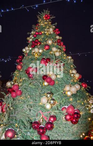 Arbre de Noël richement décoré avec des lumières multicolores et des ballons étincelants, à l'extérieur, contre la nuit sombre ciel d'hiver, vue de dessous, vertical Banque D'Images